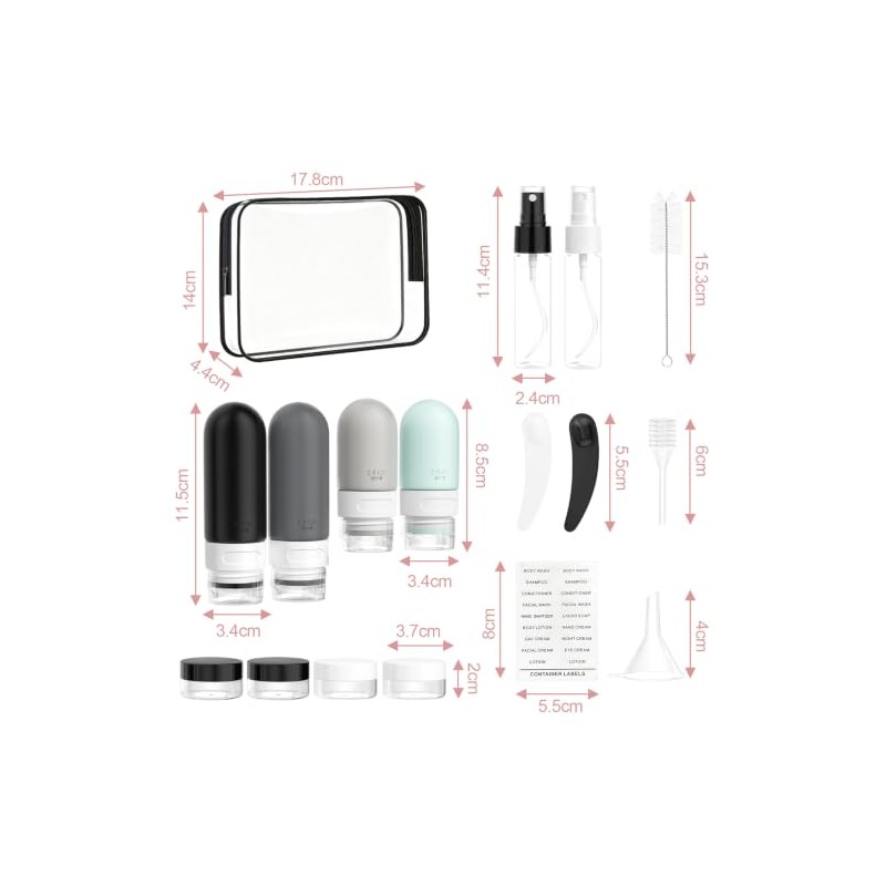 Juego de 17 Kit de Viaje Aseo Personal Mujer, Botellas