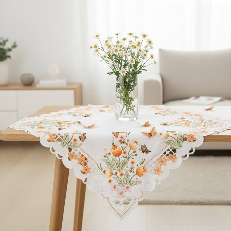 Quinnyshop Orange Tulips and Butterflies Embroidery Table runner 34-inch-by-34-inch/ 85