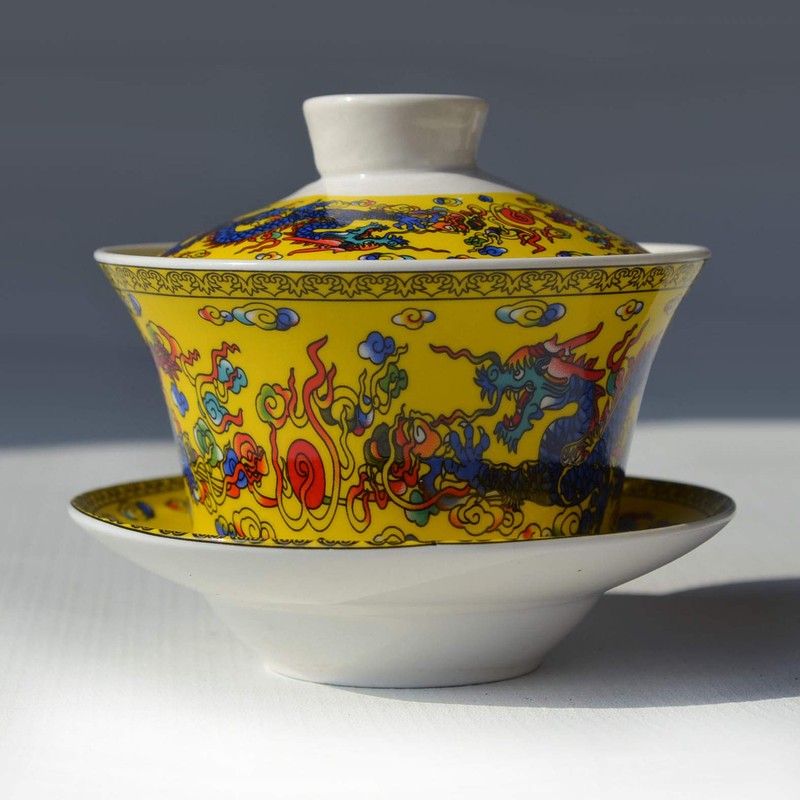 Gaiwan Tea Cup Chinese Dargon Sancai Cover Bowl Lip Coaster