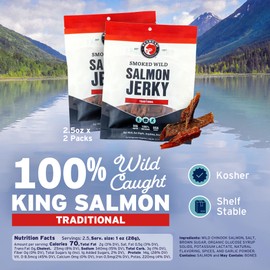 SeaBear Traditional Wild King Salmon Jerky 2-Pack Smoked Salmon Jerky, Wild-Caught Alaskan Salmon, High-Protein Snack, Cold Smoked & Ready to Eat, Classic Smokehouse Flavor, 2.5 oz Bag (Pack of 2)