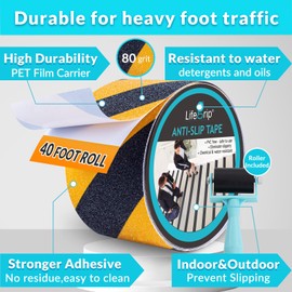 LifeGrip Anti Slip Traction Tape, 4 Inch x 40 Foot with Application Roller, Best Grip, Friction, Abrasive Adhesive for Stairs, Tread Step, Indoor, Outdoor, Caution Yellow/Black(4" X 40' Tape + Roller)