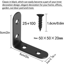 Heavy Duty Angle Brackets, 25pcs L Brackets, Stainless Steel Corner Brackets for Wood, Right Angle 90 Degree Bracket with 100 Screws for Furniture Desk Table Shelf Corner Braces (50 x 50mm, Black)