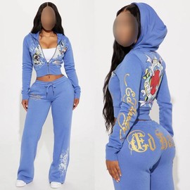2 Piece Sets Womens Clothing  Letter Print Sweatsuit Hoodie Zipper Hoodie and Sweat Pants Suits Tracksuit Set Womenswear Comfort:_blue_L