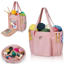 ORKELS Large Corduroy Crochet Tote & Yarn Bag – Portable Organizer for Yarn, Hooks & Accessories – Ideal Gift for Crocheters & Mother's Day (Pink-15''x6.3''x12.6'')