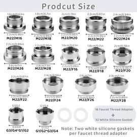 Liekadijiae 16 Piece Tap Adaptor, Tap Aerator Connector, Metal Tap Thread Adapter, Tap Adapter Set, Tap Thread Adapter for Water Filter (with 32 Spacers)