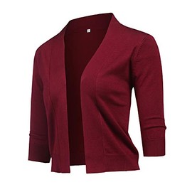 URRU Women's Vintage Cropped Shrug Open Front 4/3 Long Sleeve Bolero Cardigan Sweaters Wine red XXL