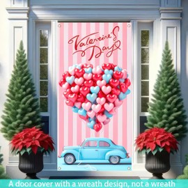BlissYard Valentine's Day Door Cover 71x35 Inch Car Floral Heart for Valentines Day Party Supplies Decor Favors Hanging Outdoor Pink Heart Balloons Car Background