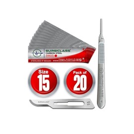Surgical Scalpel Surgical Blades # 15 Carbon Steel Sterile Pack of 20 and Handle No 3 Perfect for Wood Art, Surgical, Sculpting, Repairs, Lab Anatomy, Sign, Card Making Lab Training SURGIRD15-20