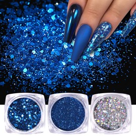 6 Boxes Holographic Nails Glitter Powder Nail Art Supplies Metallic Shining Flakes Blue Silver Nail Glitter Set for Nails Art Decoration