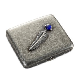 PALAMEDE Vintage Metal Case - Retro Holder Case with Exquisite Carved Feather and Sapphire - Minimalist Storage Case for Women Men, Holds 14 to 20, up to 84mm, Silver, Feather