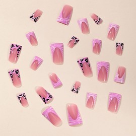 Duck Mouth Press on Nails Medium Fake Nails French Tip with Leopard Print Design Glue on Nails Glossy Acrylic Full Cover Stick on False Nails for Women 24 Pcs