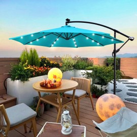 10 ft Deck Umbrella with Base, Cantilever Offset Patio Umbrella with Solar Lights & Crank, Outdoor Market Umbrella for Sunshade, Backyard Balcony Garden Lawn Pool Umbrella UV Protection, Turquoise