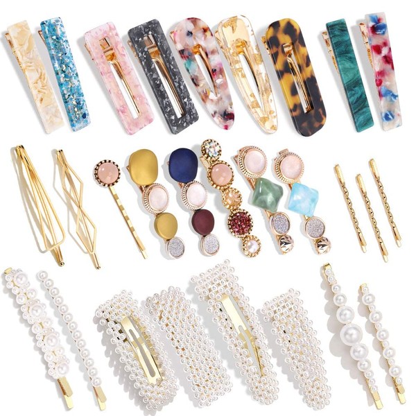 28 Pieces Hingwah Beads and Acrylic Resin Hair Clips Handmade Hair Clips Marble Alligator Hairpin Glitter Crystal Elegant Gold Hair Accessories Gifts for Women Girls