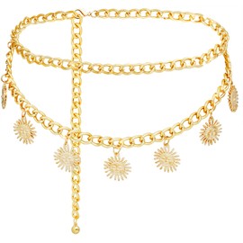 Liutufy Vintage Metal Leaf Pendant Body Chain Cross Pearl Multi-Layer Chain Waist Chain (Gold Sun M)