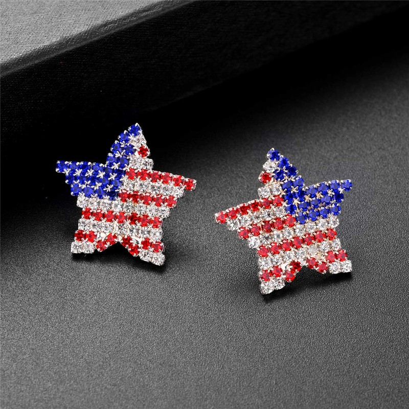 Lux Accessories Red Blue Rhinestones American Star Silver Stud Earrings