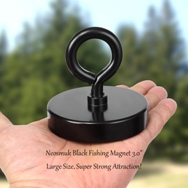 Neosmuk Black Fishing Magnet, 3.0 inches 800lb Strong Magnets Heavy Duty with Eyebolt, Super Neodymium High Power Magnet with Handle for Lifting and Pick up