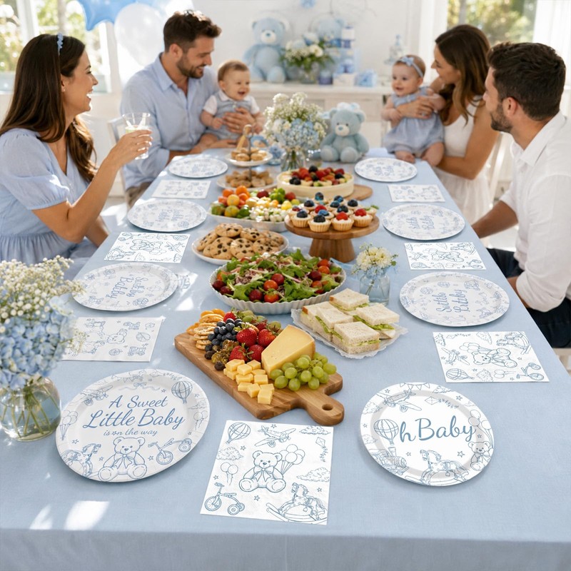 96 Pcs Blue Bear Baby Shower Toile De Jouy Party