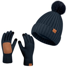 Womens Winter Beanie Hat with Pom and Touchscreen Gloves Set，Soft Warm Knit Cap and Gloves with Faux Suede for Cold Weather(Navy Blue)