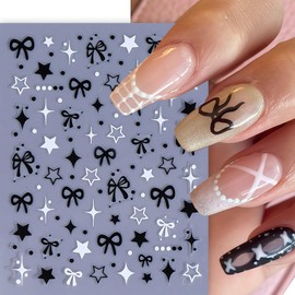 8 Sheets Heart Bow Star Nail Stickers for Nail Art 3D Self-Adhesive Black Pink White Cute Bow Nail Design Hollow Out Hearts Stars Nail Art Supplies French Stripe Nails Charms for DIY Manicure Decor