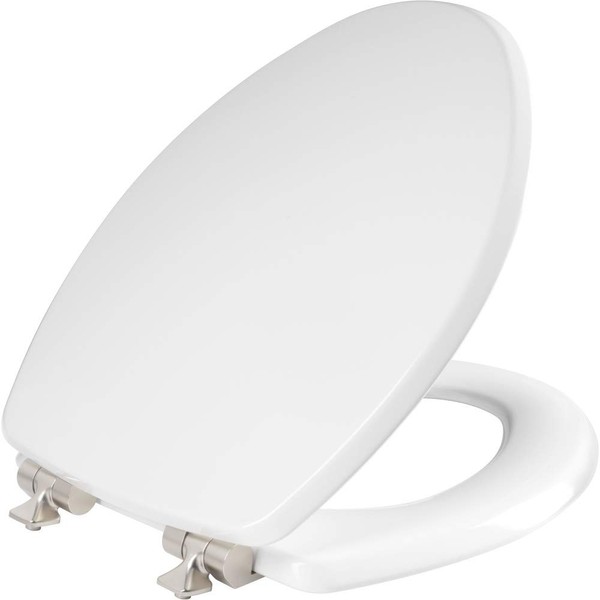 MAYFAIR 126NISL 000 Benton Toilet Seat with Brushed Nickel Hinges will Slow Close and Never Come Loose, ELONGATED, Durable Enameled Wood, White