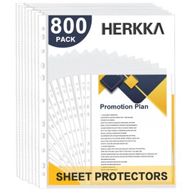 Sheet Protectors, HERKKA 800 Pack Heavy Duty Clear Plastic Page Protectors Sheet Reinforced 11-Hole Fit for 3 Ring Binder Fits Standard 8.5 x 11 Paper, 9.25 x 11.25 Top Loaded, Acid Free