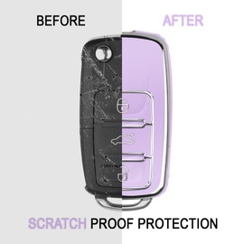 QBUC for VW Key Fob Cover with Keychain Silver Trim Soft TPU Compatible with Volkswagen Jetta Beetle Santana Scirocco Eos Tiguan Touran Polo MK5 Passat Golf GTI MK6（Purple）