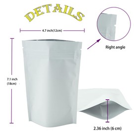 4CP 100 Pack 4.7''x7.1'' Stand Up Mylar Bags,White Smell Proof Pouch, Reusable Resealable Foil Mylar Bags for Packaging, Aluminum Foil Stand-up Zipper Packaging Bags