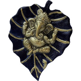 Craft Trade Lord Ganesh Navy Blue Ganpati On Paan Patta Leaf Decorative Religious Ganesha Metal Wall Hanging For Home & Office Entrance Room Decor Feng Shui Vastu Special Housewarming Wedding gift