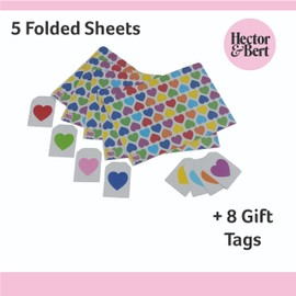 Colourful Love Heart Wrapping Paper Sheets x 5, plus 8 Gift Tags - 100% Recyclable - Eco Friendly Gift Wrap - Wrapping Paper for the One You Love - Birthday Wrapping Paper - Rainbow