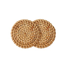 LANGYU Woven Rattan Heat-Resistant Trivet 2-Piece Set Natural Material Round Washable Insulation Mat Natural Rattan Thick Insulation Hot Pad Handmade Heat-Resistant Pot Mat Woven Rattan Small Item
