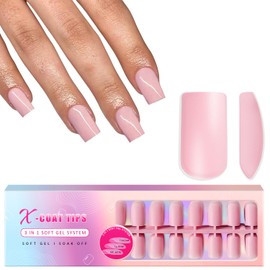 300PCS Press on Nails Tips Medium Short Square - SXVME Soft Gel X Nail Tips Fake Nails Natural X COAT TIPS,Stronger Adhesion Short Coffin Nails Press ons Nails Tips for DIY Nail Art in 15 Sizes(Pink)