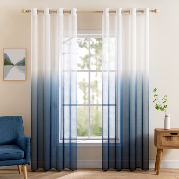MIULEE Voile Sheer Curtains with Eyelets Gradient Vertical Window Curtain for Living Room and Bedroom 2 Panels 140 x 260 cm Navy Blue