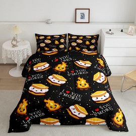 jejeloiu Cute S'Mores Comforter Set for Kids Boys Girls Marsh Mallow Cookie Comforter Queen Size Cartoon Camping Bedding Set Camper Black Duvet Set Quilt Set