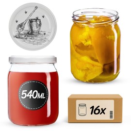 KADAX Preserving Jars 540 ml with fi82 mm Screw Lid, Large Jars for Canning and Preserving, Jam Jars with Twist Off Lid, Storage Jars (Honey Pot, Pack of 16)