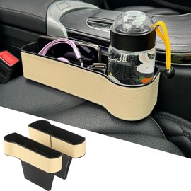 Tecledsn 2PCS Car Seat Gap Filler Organizer, Leather Multifunctional Car Seat Organizer, Console Side Storage Box with Cup Holders, Accessories Car Seat Storage Box Universal for Cars (Beige)