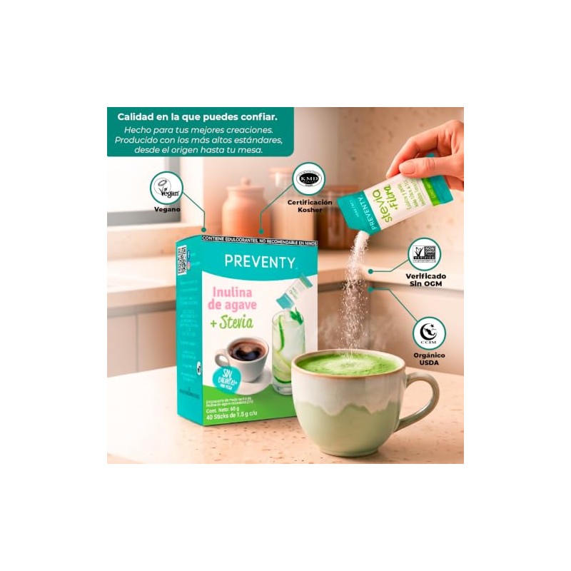 STEVIA+INULINA Endulzante con Fibra Prebiótica, Caja 40 Sticks