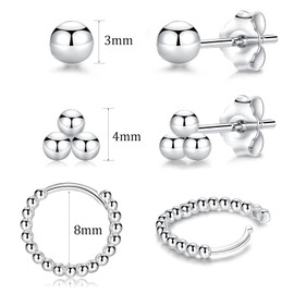 LYTOPTOP Silver Hoop Stud Earrings Set for Women| 3 Pairs Small Sterling Silver Post Beaded Hoops Ball Studs Earrings| Hypoallergenic Tiny Cartilage Sleeper Cuff Jewelry for Men Girls