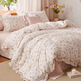 Lanqinglv Ruffle Bed Linen 155 x 220 cm Pink Flowers, Aesthetic Leaves Reversible Bedding Set, Oeko-Tex Bed Linen for Allergy Sufferers, Romantic Duvet Cover with Zip and Pillowcases 80 x 80 cm