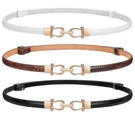 WERFORU 3 Pack Women's Skinny Belt for Dress, Thin Waist Belt, Adjustable Leather Belt with Golden Buckle, Black, brown, white