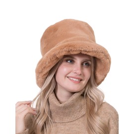 Rulala Fancy Women's Faux Fur Bucket Hats Fluffy Winter Warm Ladie's Unique Printed Fisherman Cap(Brown)