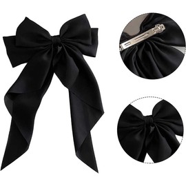 Big Bow Hair Clips 2pcs, Long Tail French hair Bows for Women Girl, Satin Silky Bow Hair Barrette,Black Milky White Bow Up Accessories for Birthday/Party/Show/Christmas/Thanksgiving