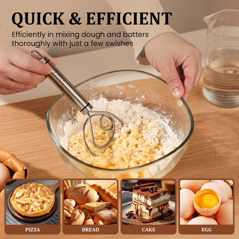 Danish Dough Whisk, Egg Beater, Stainless Steel Dough Hook Dutch