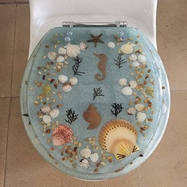 BH Home & Linen Heavy-duty Comfort seahorse and seashells design toilet lid seat and acrylic cover | 19 inches elongated toilet seat (Oval-shaped) | 100% resin. (Aqua 19")