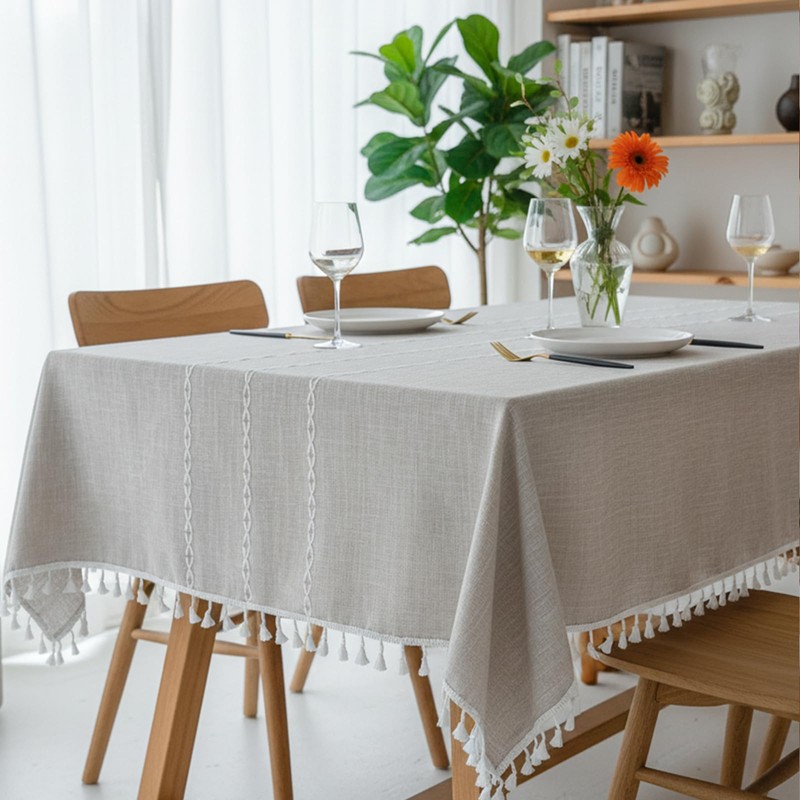 Linen Rectangle Table Cloth Neutral Textured Rustic Tablecloth, Wrinkle Free