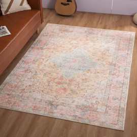 CRYPTOLITE Area Rug – 6x9 Washable Ultra-Soft Vintage Boho Faux Wool Carpet for Living Room, Dining Room, Bedroom, Home Office (Cinnamon)