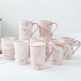 Ynsfree 12 OZ Ceramic Coffee Mugs Juice Tea Coffee Cups and Saucer Twelve Constellations Romantic Gift For Friends,Sisters,Brother,Father,Mom,Men,Wife,Boss,Anniversary (Libra-Pink)