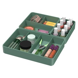 3 Pack Drawer Organizer for Holder Brushes, Lipstick, Lotions, Nail Polish Stackable Dividers, Small Vanity, Cosmetic Display Cases and Storage Boxes for Makeup Bedroom and Bathroom Countertops, Green