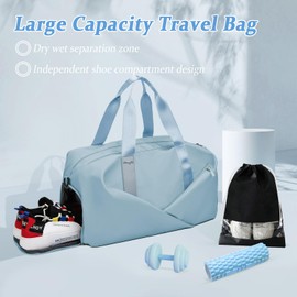 Sports Gym Bag, Portable Large Duffel Totes with 2pcs Shoes Compartments, Lightweight Overnight Weekend Bags for Sport Yoga Travel Swimming (Blue)