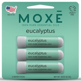 MOXĒ Eucalyptus Essential Oil Nasal Inhaler, Sinus & Congestion Relief, Daily Relaxation, Stress Relief, Therapeutic No-Mess Aromatherapy, Pure and Natural, Made in USA (3 Pack) packaging may vary