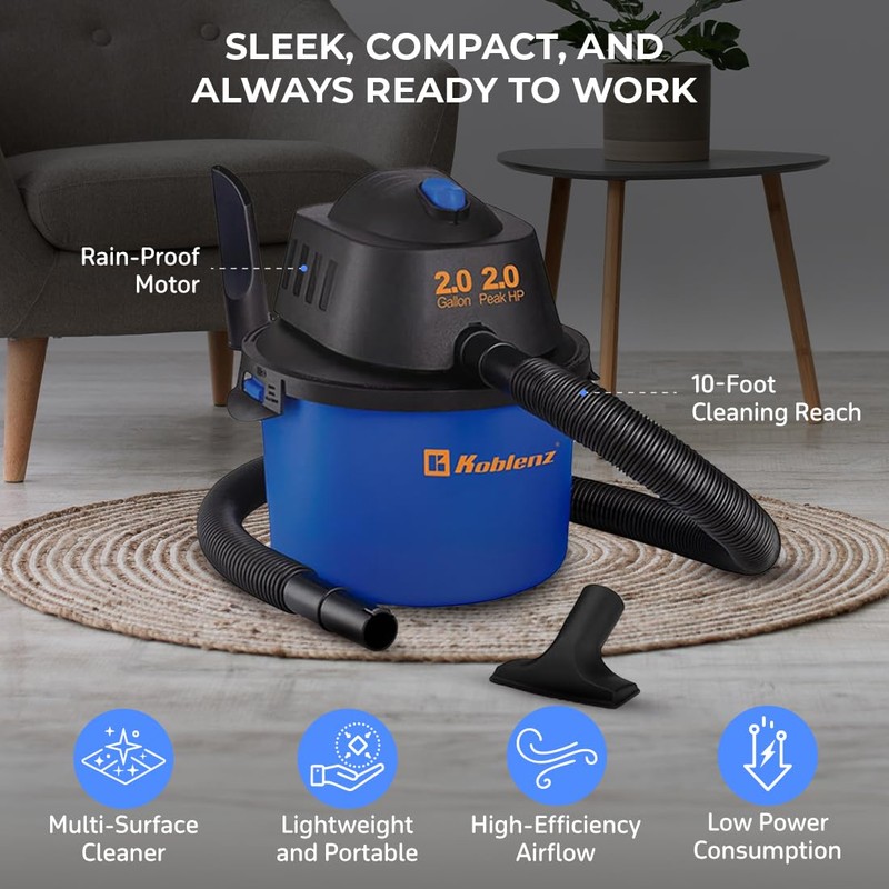 Koblenz WD-2L Portable Wet Dry Vacuum, 2-Gallon 2 PHP Suction